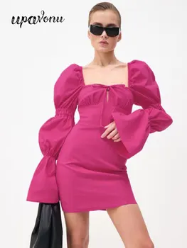  Элегантный квадратный вырез Пузырь с длинным рукавом Роза Красные мини-платья Женское облегающее Мода Коктейль Вечерняя вечеринка Vestidos 2023 Новый